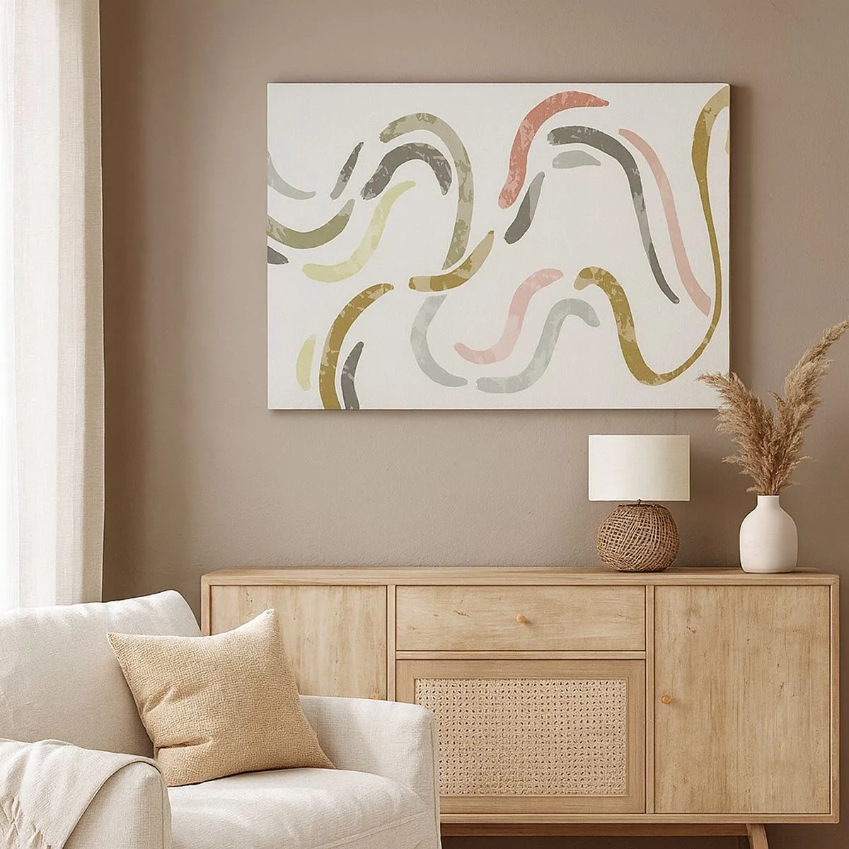 Quadro em tela - Arcos abstratos em cores pastel - 70x50cm - Uma alegre dança de abstração - Decoração de parede moderna para a sala de estar e quarto ARTTOR