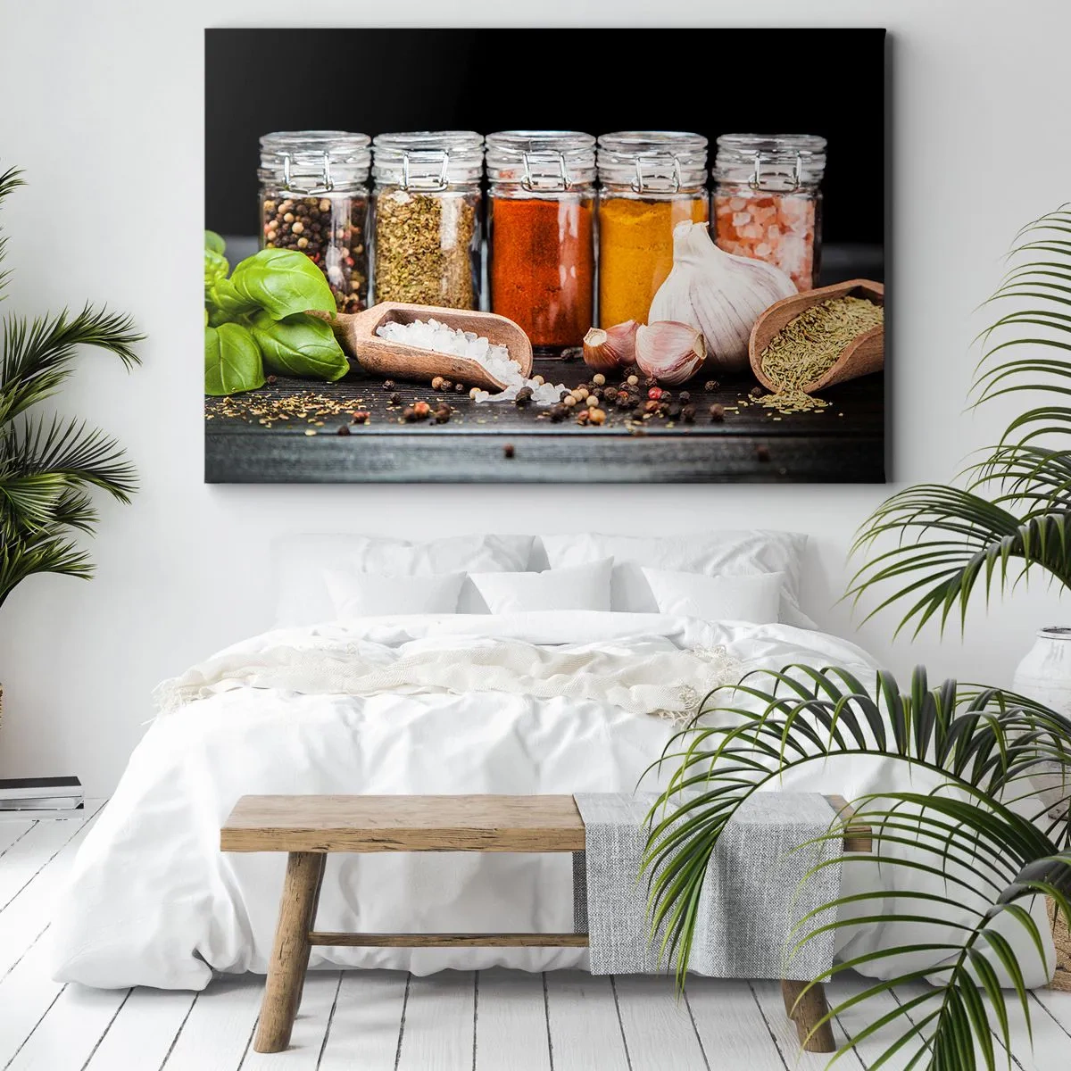 Quadro em tela - Ervas e especiarias em potes de vidro sobre fundo escuro - 70x50cm - Para que a vida tenha um sabor - Decoração de parede moderna para a sala de estar e quarto ARTTOR