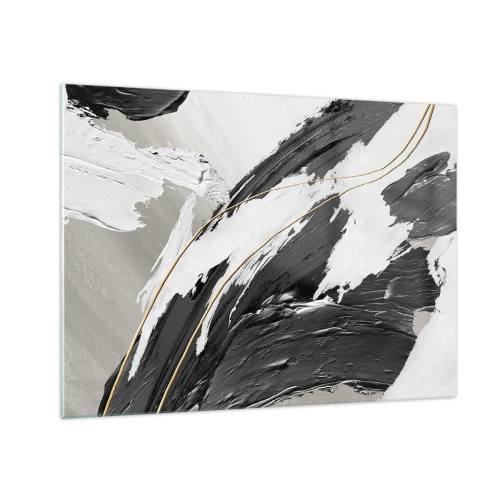 Quadro em vidro - Traços dinâmicos de preto e branco com detalhes dourados - 70x50cm - Abstração em grande escala - Decoração de parede moderna para a sala de estar e quarto ARTTOR