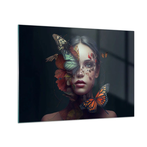 Quadro em vidro - Rosto de mulher com borboletas e folhas em uma composição artística - 70x50cm - Uma metamorfose maravilhosa - Decoração de parede moderna para a sala de estar e quarto ARTTOR