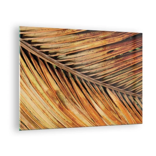 Quadro em vidro - Close-up de folhas de palmeira secas e douradas - 70x50cm - Ouro de coco - Decoração de parede moderna para a sala de estar e quarto ARTTOR