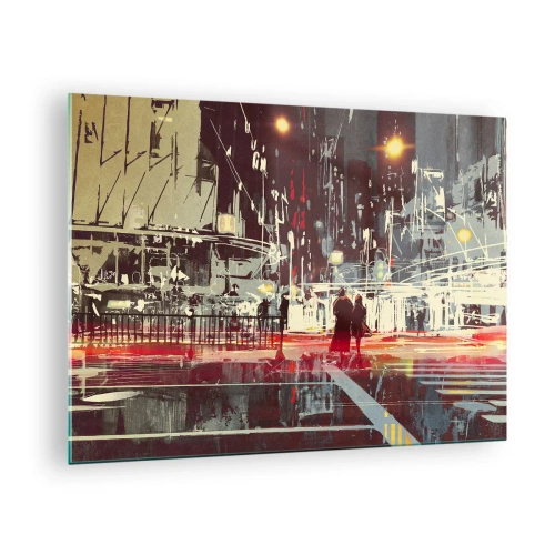 Quadro em vidro - Paisagem urbana noturna com luzes de neon e silhuetas de transeuntes - 70x50cm - Travessia metropolitana - Decoração de parede moderna para a sala de estar e quarto ARTTOR