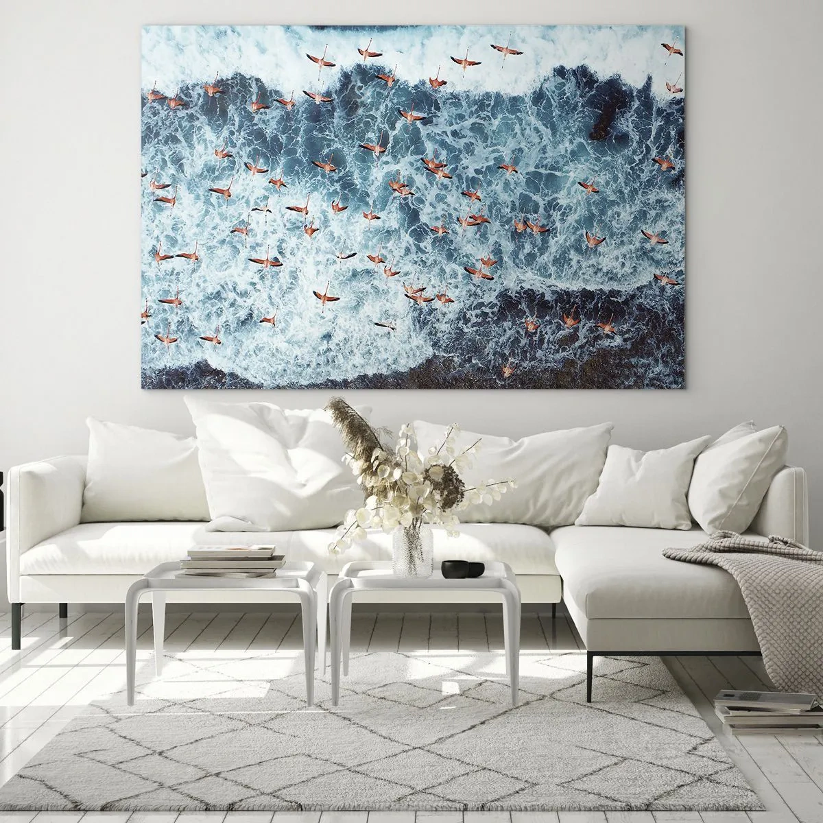 Quadro em vidro - Flamingos cor-de-rosa acima das ondas agitadas do oceano - 70x50cm - Desfile à beira-mar - Decoração de parede moderna para a sala de estar e quarto ARTTOR