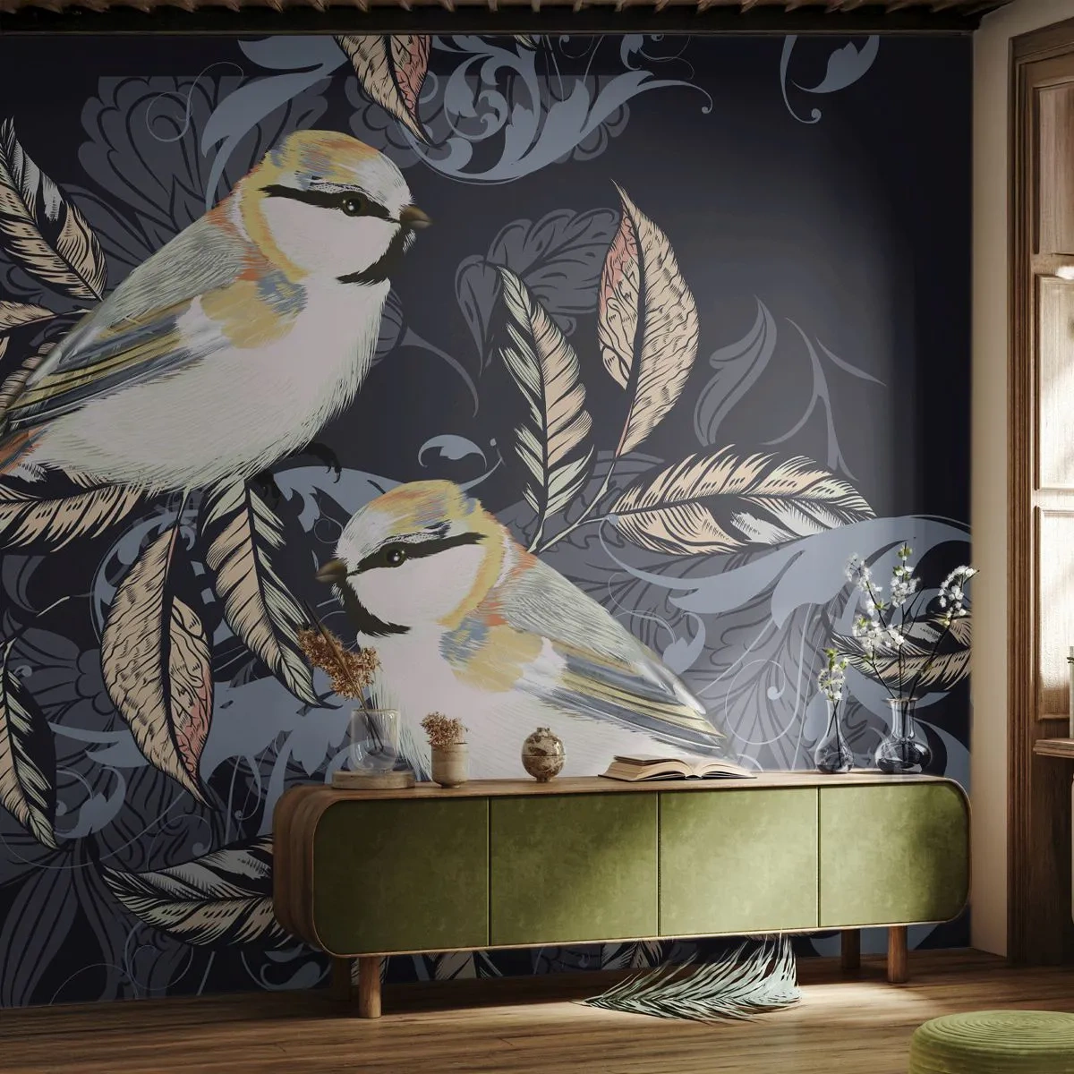 Papel de Parede Standard Eco - Canto amarelo-azul - Abstração, Pássaros, Folhas - 200x140 cm