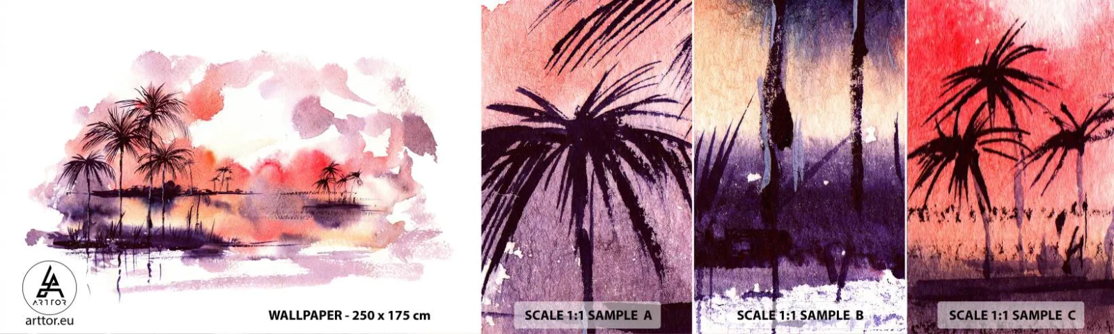 Amostra de Papel de Parede Standard Eco - A tranquilidade dos trópicos em vermelho - Paisagem, Coqueiro, Gráficos - 100x30 cm