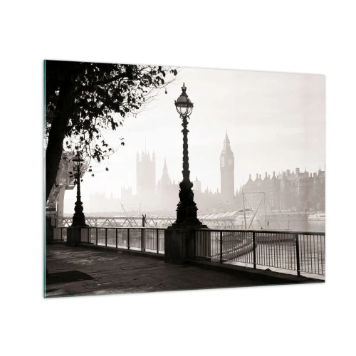 Quadro em vidro - Fotografia em preto e branco do calçadão de Londres com o Big Ben - 70x50cm - Manhã Londrina - Decoração de parede moderna para a sala de estar e quarto ARTTOR