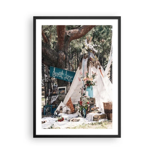 Pôster com moldura preta - Uma composição no estilo boho com uma tenda, flores e as palavras Sweet Love - 50x70cm - Make love… - Decoração de parede moderna para a sala de estar e quarto ARTTOR