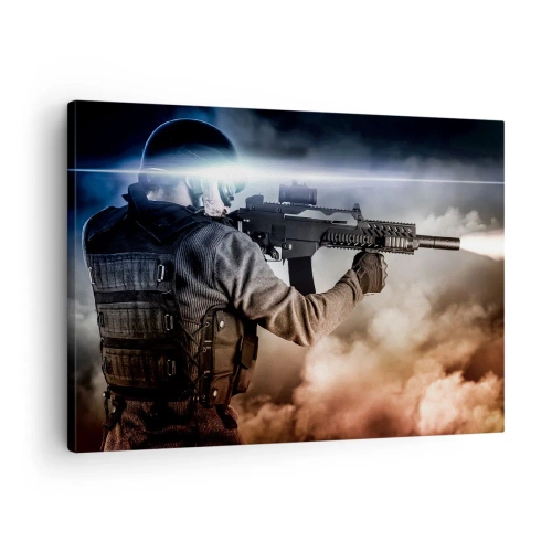 Quadro em tela - Um soldado em ação com um rifle contra um fundo de nuvens e luz. - 70x50cm - Simplesmente um herói - Decoração de parede moderna para a sala de estar e quarto ARTTOR