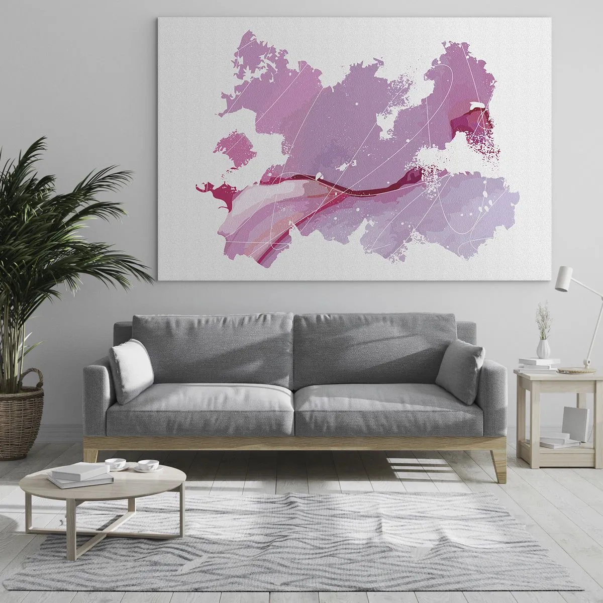 Quadro em vidro - Mapa abstrato em tons de rosa e roxo sobre fundo branco - 70x50cm - Mapa do mundo rosa - Decoração de parede moderna para a sala de estar e quarto ARTTOR