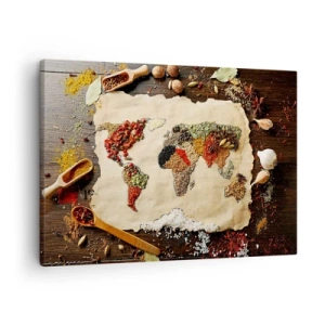 Quadro em tela - Um mapa-múndi feito de especiarias sobre um fundo de madeira. - 70x50cm - Todos os gostos do mundo - Decoração de parede moderna para a sala de estar e quarto ARTTOR
