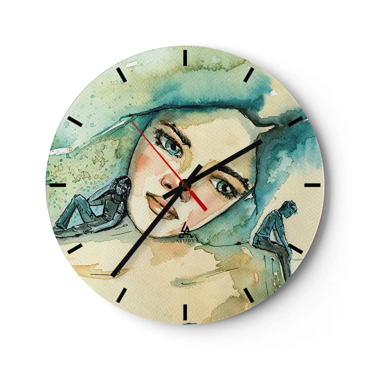 Relógio de parede - Relógio em vidro - Retrato artístico de uma mulher e silhuetas em tons de azul - 30x30cm - Am I blue? - Decoração de parede moderna para a sala de estar, cozinha e quarto ARTTOR