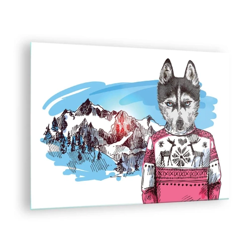 Quadro em vidro - Husky com um suéter e montanhas ao fundo - 70x50cm - Lobo em lã de ovelha - Decoração de parede moderna para a sala de estar e quarto ARTTOR