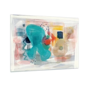Quadro em vidro - Uma abstração colorida com toques de turquesa, vermelho e bege. - 70x50cm - Jogo colorido - Decoração de parede moderna para a sala de estar e quarto ARTTOR