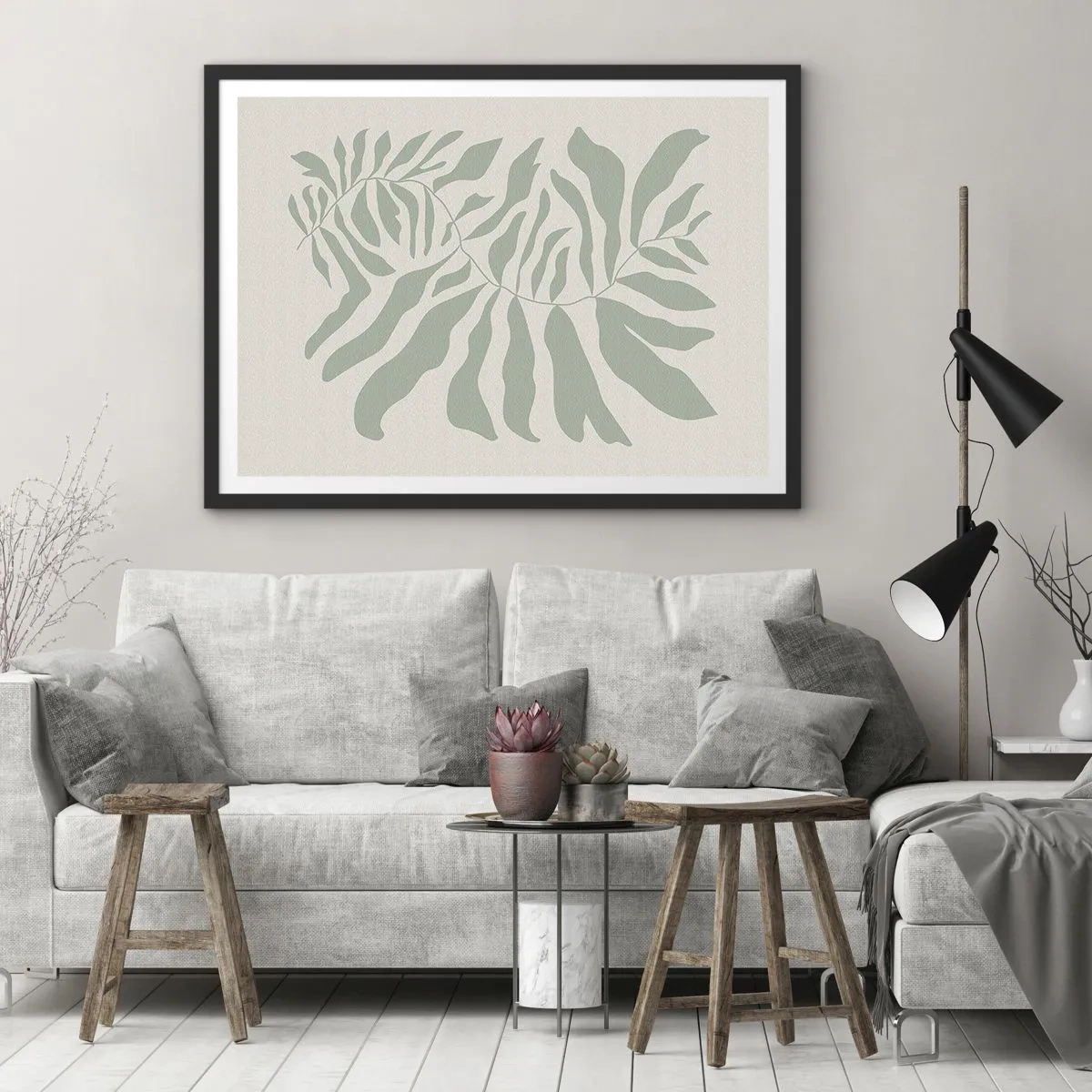 Pôster com moldura preta - Galho esmeralda - 70x50 cm