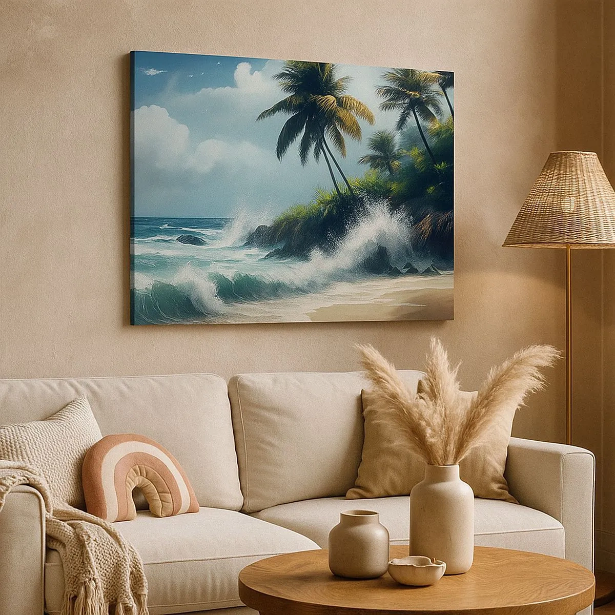 Quadro em tela - Praia tropical com palmeiras e mar agitado - 70x50cm - Em uma costa tropical - Decoração de parede moderna para a sala de estar e quarto ARTTOR