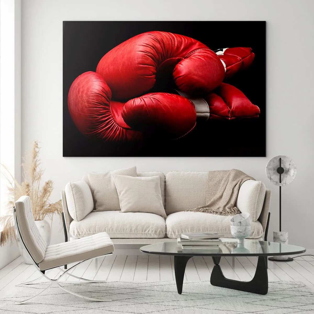 Quadro em vidro - Luvas de boxe vermelhas em um fundo preto - 70x50cm - As emoções da luta ficaram para trás - Decoração de parede moderna para a sala de estar e quarto ARTTOR