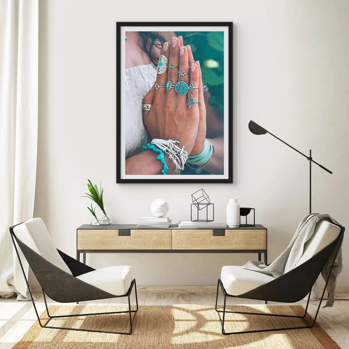 Pôster com moldura preta - Mãos decoradas com joias estilo boho - 50x70cm - Bem-vindo ao centro do ser - Decoração de parede moderna para a sala de estar e quarto ARTTOR
