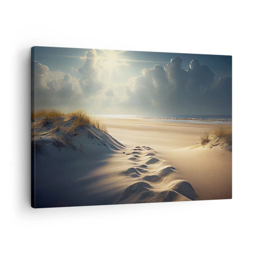 Quadro em tela - Dunas douradas na praia ao pôr do sol com vista para o mar - 70x50cm - Uma paisagem relaxante - Decoração de parede moderna para a sala de estar e quarto ARTTOR
