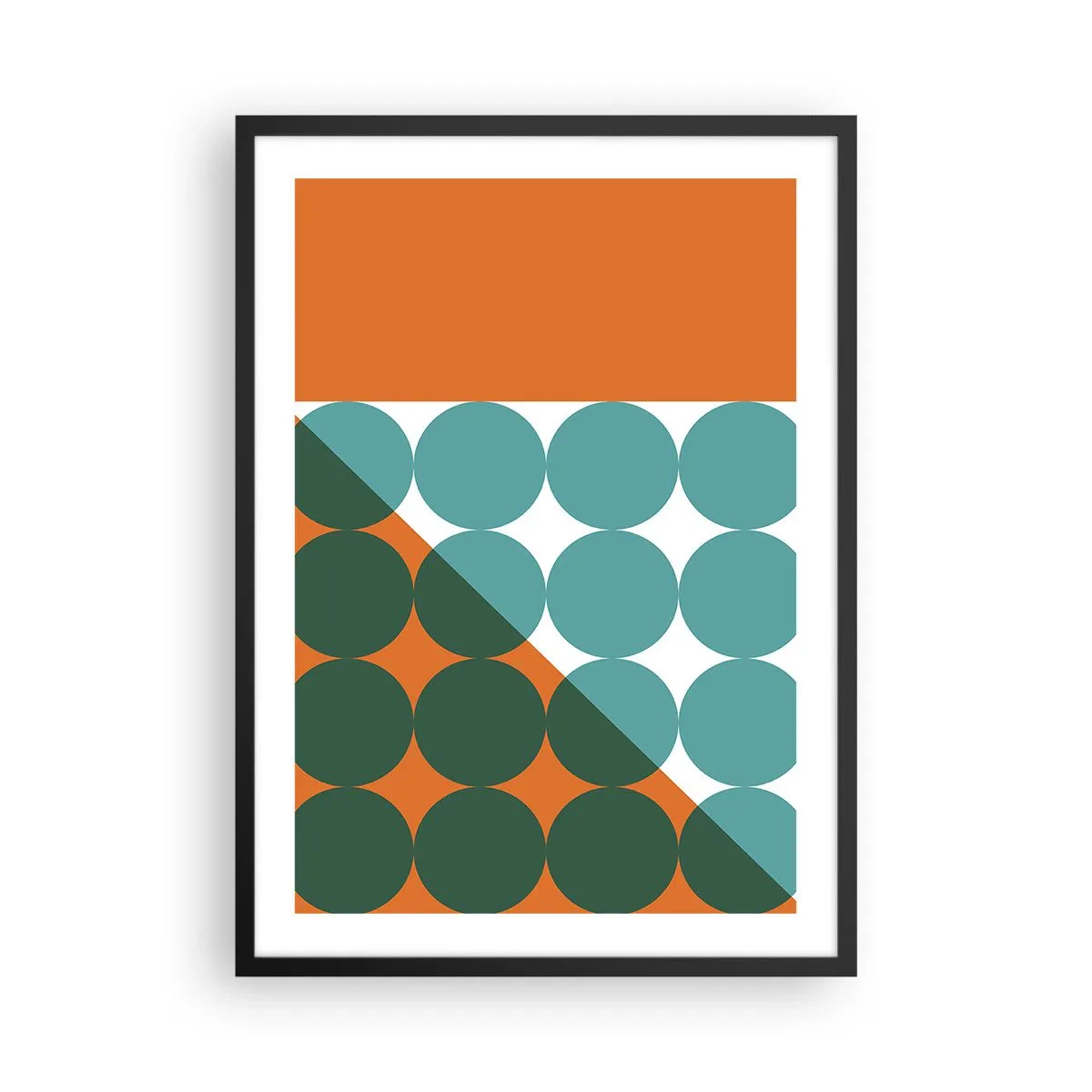 Pôster com moldura preta - Composição geométrica abstrata com círculos em tons de laranja e verde. - 50x70cm - Para cima e na diagonal - Decoração de parede moderna para a sala de estar e quarto ARTTOR
