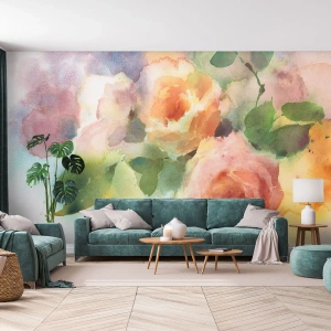 Papel de Parede Premium Sand - Delicado como uma aquarela - Flores, Rosas, Ramalhete - 350x256 cm