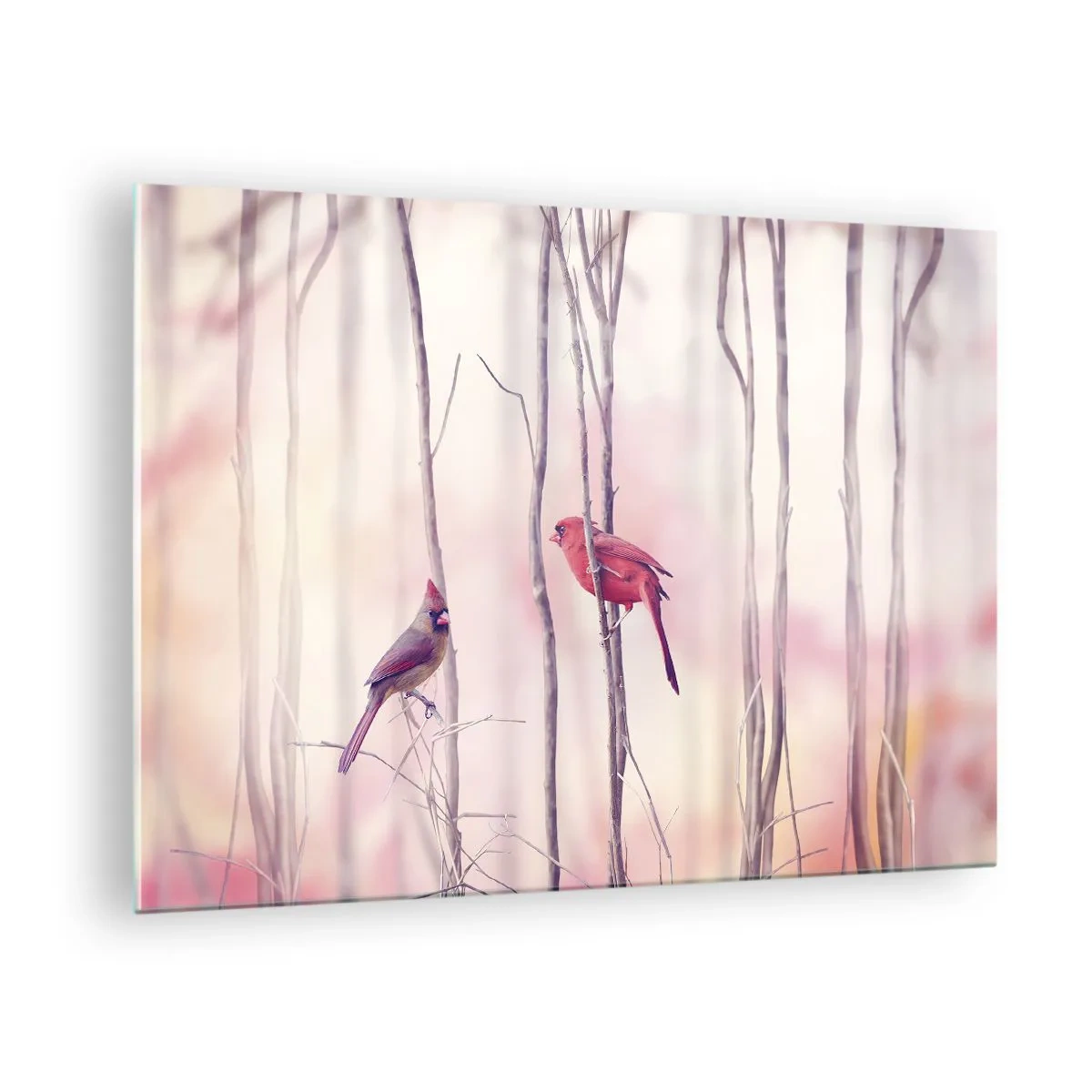 Quadro em vidro - Dois pássaros entre galhos delicados em tons pastéis - 70x50cm - O Conto da floresta rosa - Decoração de parede moderna para a sala de estar e quarto ARTTOR