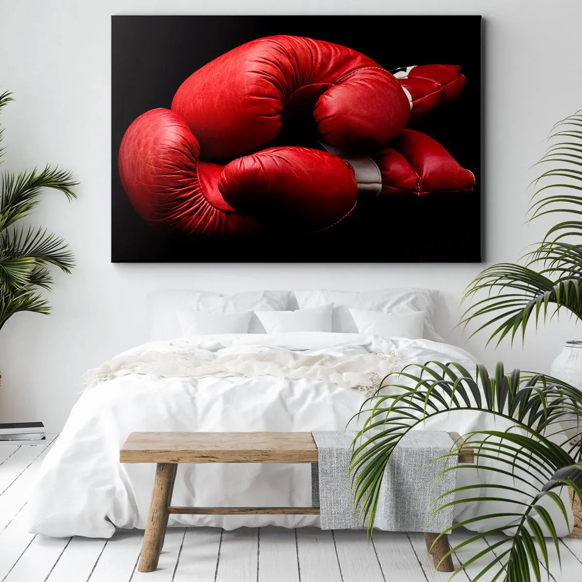Quadro em tela - Luvas de boxe vermelhas em um fundo preto - 70x50cm - As emoções da luta ficaram para trás - Decoração de parede moderna para a sala de estar e quarto ARTTOR