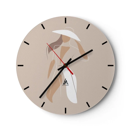 Relógio de parede - Relógio em vidro - Mulher estilosa com um chapéu em um fundo bege - 30x30cm - A moda é diversão - Decoração de parede moderna para a sala de estar, cozinha e quarto ARTTOR