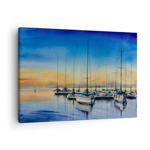 Quadro em tela - Porto de iates ao pôr do sol com reflexos na água - 70x50cm - Fim de um bom dia - Decoração de parede moderna para a sala de estar e quarto ARTTOR