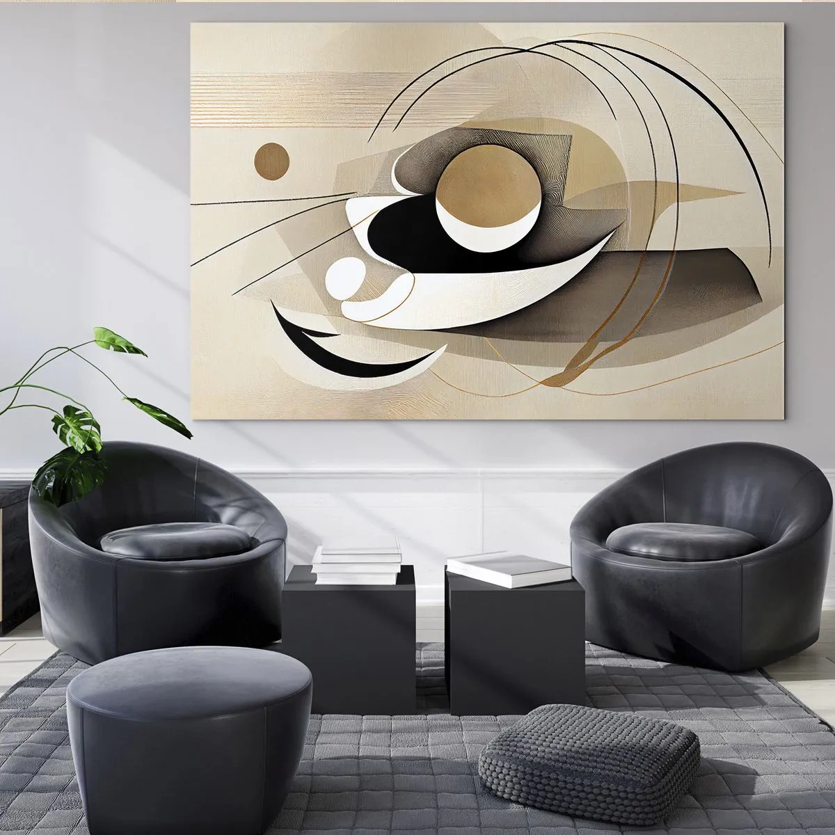 Quadro em vidro - Abstração minimalista em bege com formas geométricas - 70x50cm - Composição: a essência da palavra - Decoração de parede moderna para a sala de estar e quarto ARTTOR