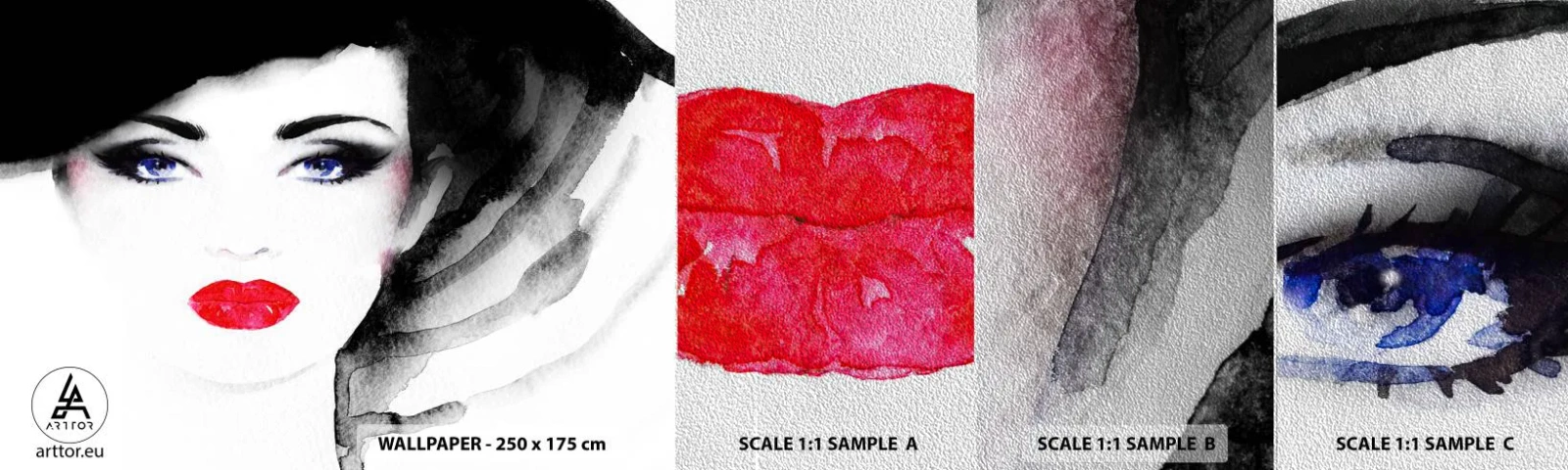 Amostra de papel de parede Premium Sand - Repulsa e convoca - Rosto de mulher, lábios vermelhos, Olhos azuis - 100x30 cm