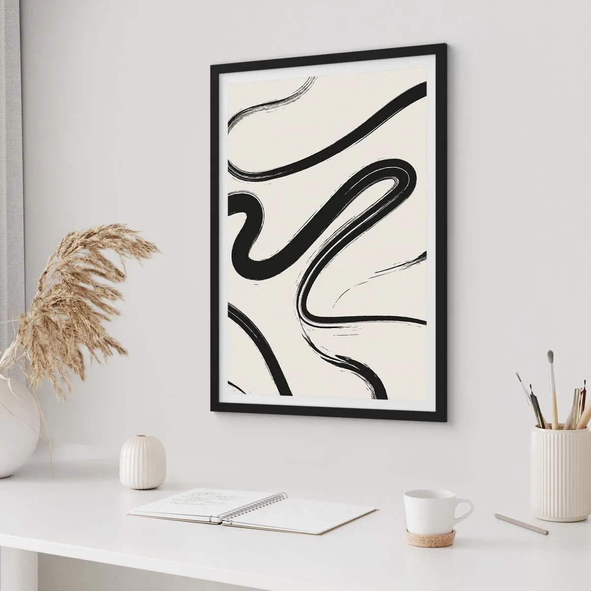 Pôster com moldura preta - Linhas pretas abstratas em um fundo claro - 50x70cm - Capricho preto e branco - Decoração de parede moderna para a sala de estar e quarto ARTTOR