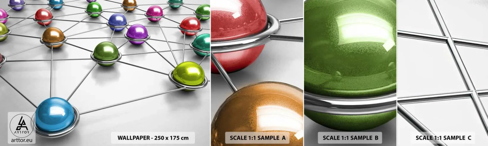 Amostra de Papel de Parede Standard Eco - Teia cósmica - Abstração, Bolas Metálicas, 3D - 100x30 cm