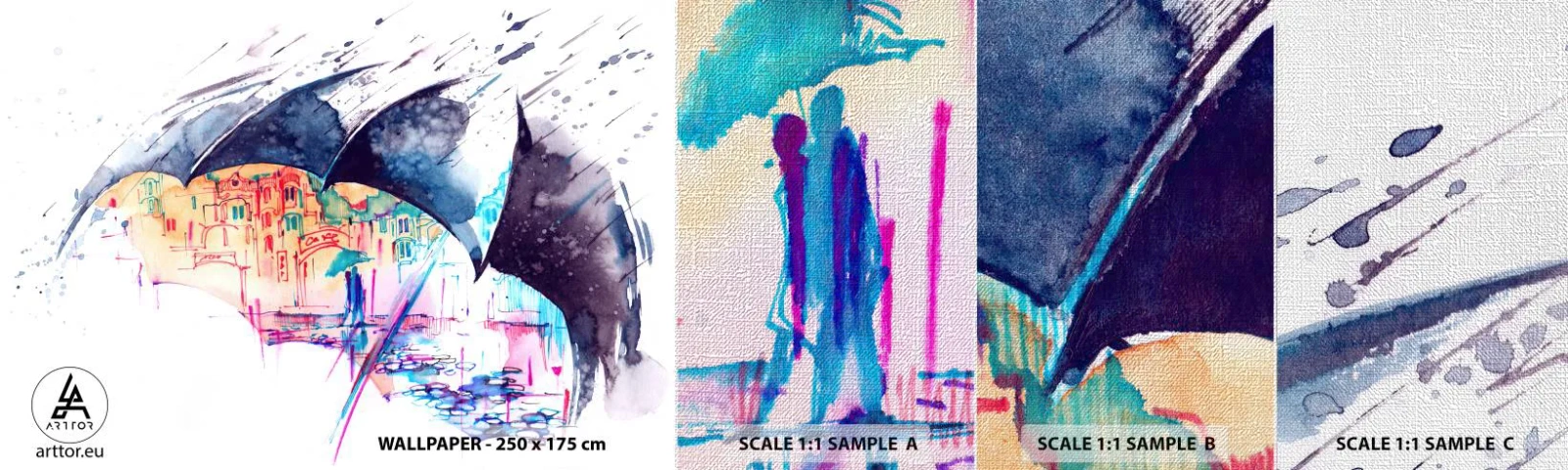 Amostra de papel de parede Premium Canvas - Passeio na chuva - Abstração, Guarda-chuva, Arquitetura - 100x30 cm