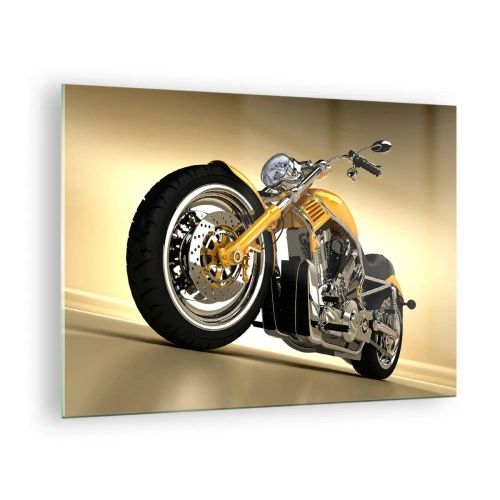 Quadro em vidro - Uma motocicleta personalizada dourada contra um fundo claro - 70x50cm - O sonho da força e da velocidade - Decoração de parede moderna para a sala de estar e quarto ARTTOR