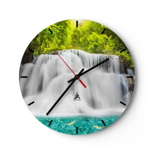 Relógio de parede - Relógio em vidro - Uma cachoeira cercada por vegetação com água turquesa na base - 30x30cm - Cascata espumosa do verde ao azul - Decoração de parede moderna para a sala de estar, cozinha e quarto ARTTOR