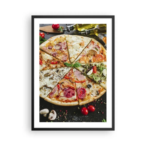 Pôster com moldura preta - Pizza colorida dividida em vários pedaços - 50x70cm - Gama de sabores - Decoração de parede moderna para a sala de estar e quarto ARTTOR