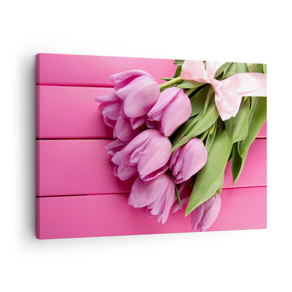 Quadro em tela - Um buquê de tulipas cor-de-rosa com um laço sobre um fundo rosa - 70x50cm - Só para si - Decoração de parede moderna para a sala de estar e quarto ARTTOR