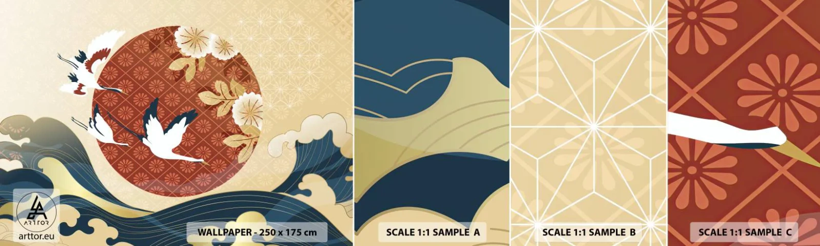 Amostra de Papel de Parede Standard Eco - Conto de fadas japonês - Garça, Pássaro, Abstração - 100x30 cm