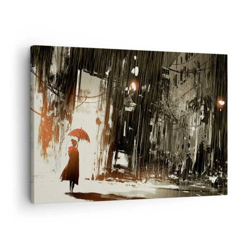 Quadro em tela - Uma figura vermelha com um guarda-chuva em uma cena chuvosa - 70x50cm - A poesia do guarda-chuva vermelho - Decoração de parede moderna para a sala de estar e quarto ARTTOR