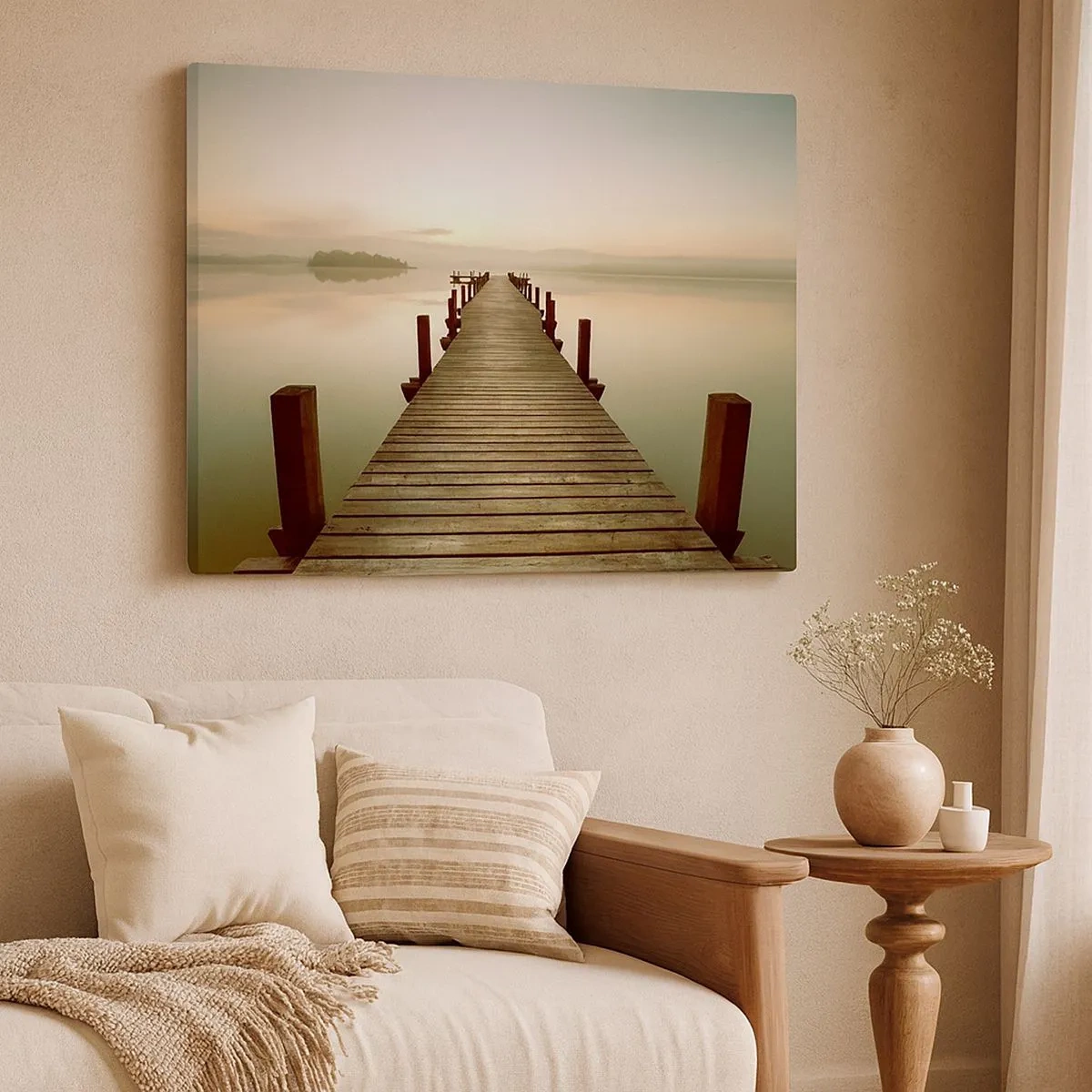 Quadro em tela - Um cais de madeira em um lago calmo pela manhã - 70x50cm - Antes do amanhecer, nascer do sol, luz - Decoração de parede moderna para a sala de estar e quarto ARTTOR