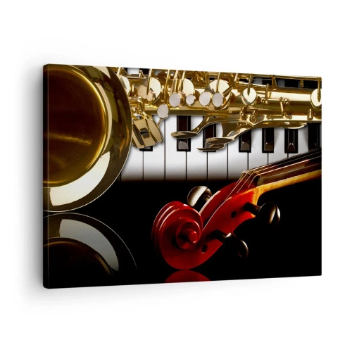 Quadro em tela - Um saxofone dourado, teclas de piano e um violino vermelho - 70x50cm - Metal, madeira e marfim - Decoração de parede moderna para a sala de estar e quarto ARTTOR