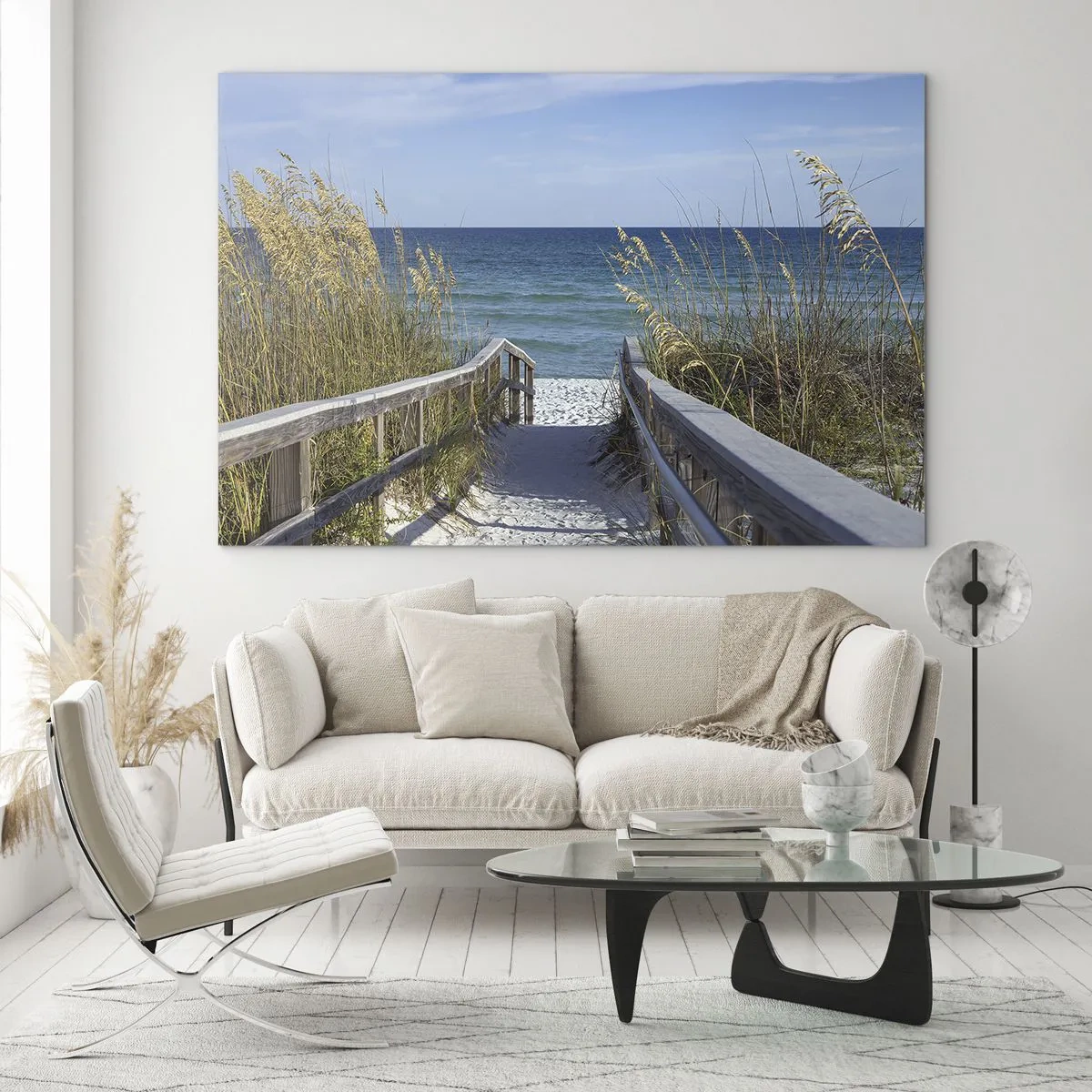 Quadro em vidro - Caminho para a praia com vista para o mar - 70x50cm - Ao sol, ao vento - Decoração de parede moderna para a sala de estar e quarto ARTTOR