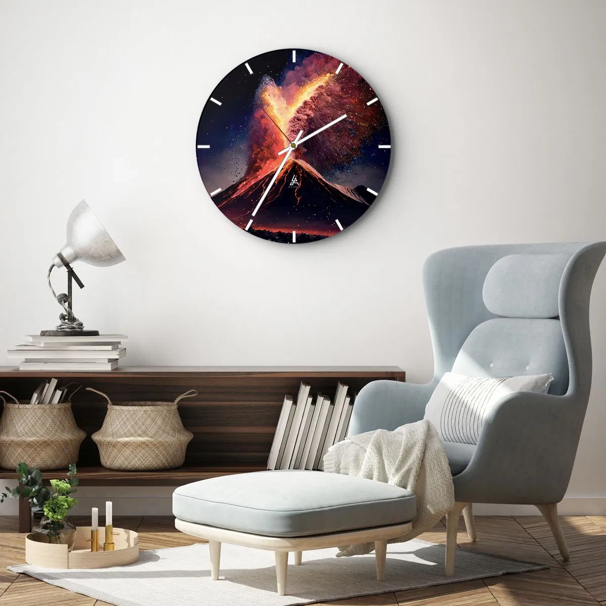 Relógio de parede - Relógio em vidro - Erupção vulcânica com uma fonte de fogo e fumaça contra um fundo noturno - 30x30cm - Beleza e terror - Decoração de parede moderna para a sala de estar, cozinha e quarto ARTTOR