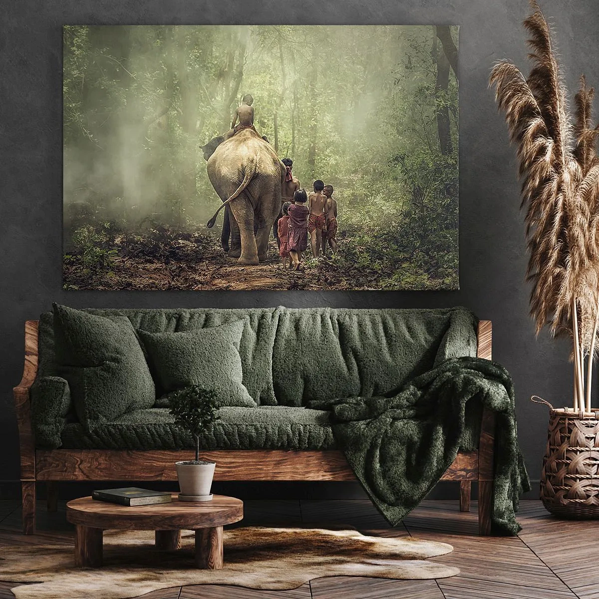 Quadro em tela - Crianças com um elefante em uma floresta verde na luz da manhã - 70x50cm - Novo Livro da Selva - Decoração de parede moderna para a sala de estar e quarto ARTTOR