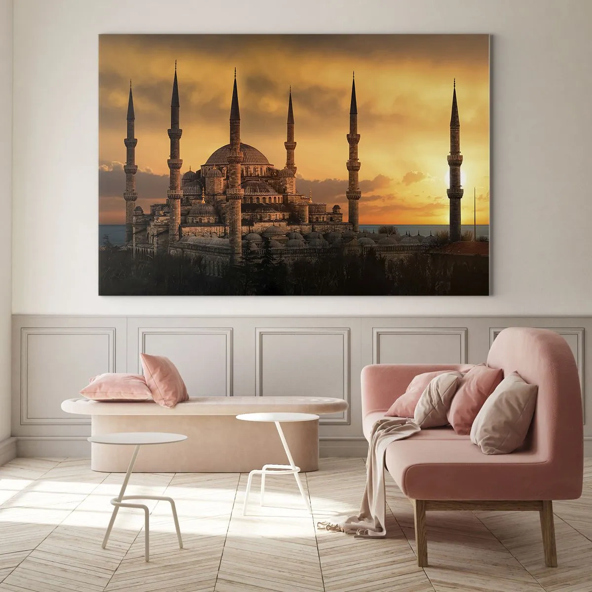 Quadro em vidro - A Mesquita Azul com o pôr do sol ao fundo - 70x50cm - Deus é grande - Decoração de parede moderna para a sala de estar e quarto ARTTOR