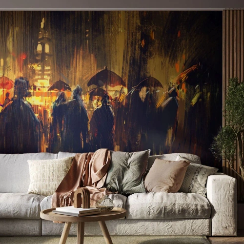 Papel de Parede Premium Canvas - Os seguidores da chuva - Cidade, Pessoas, Guarda-chuva - 500x350 cm