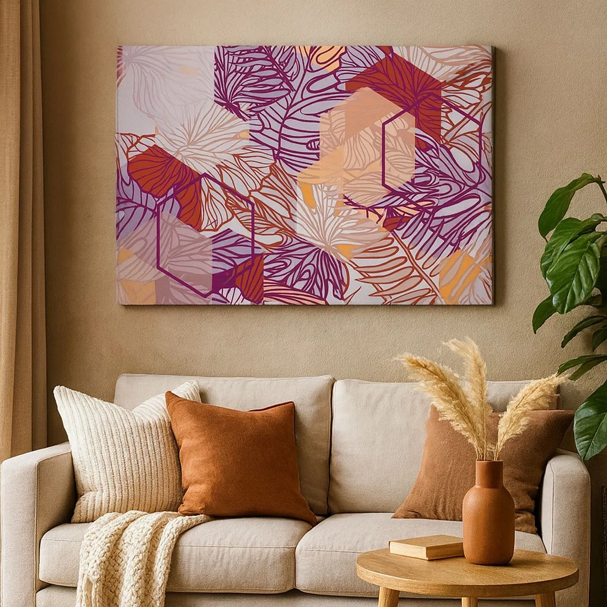 Quadro em tela - Um padrão decorativo de folhas tropicais em tons de roxo, laranja e bege. - 70x50cm - A impossível relação entre a geometria e a natureza - Decoração de parede moderna para a sala de estar e quarto ARTTOR