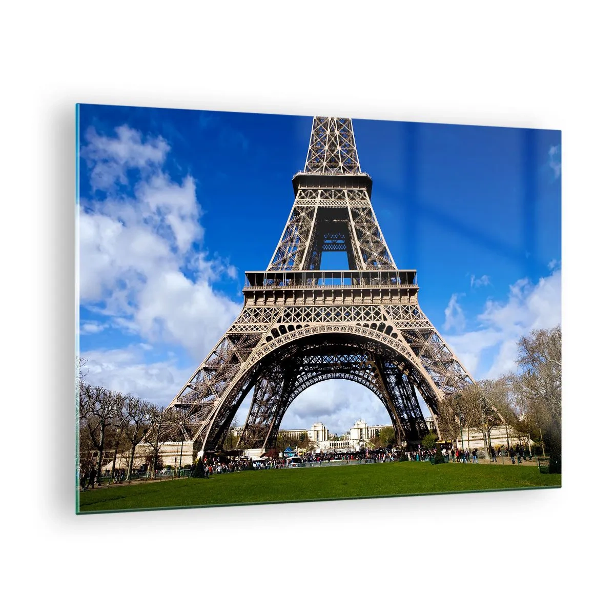 Quadro em vidro - A Torre Eiffel contra um céu azul - 70x50cm - Toda Paris aos seus pés - Decoração de parede moderna para a sala de estar e quarto ARTTOR