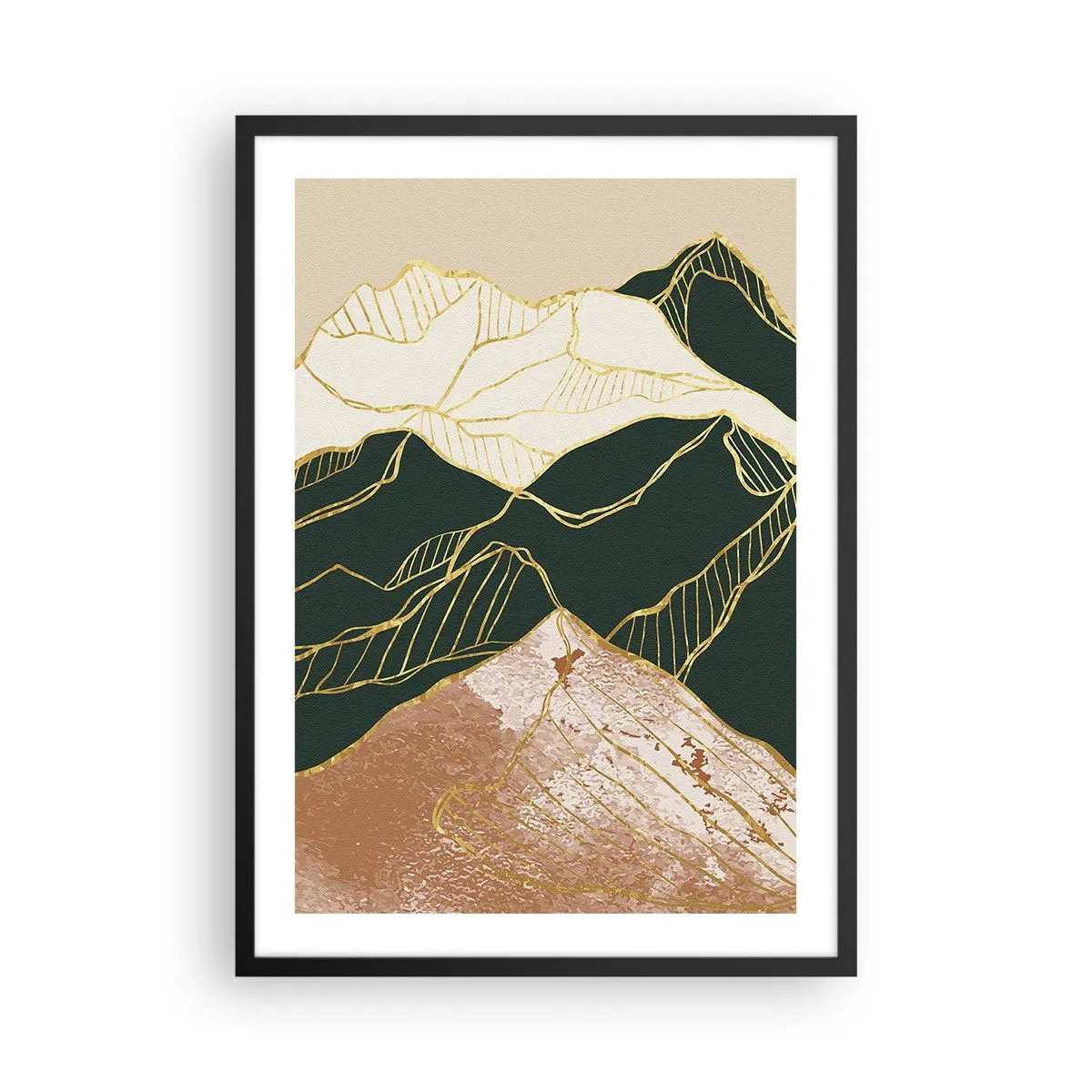 Pôster com moldura preta - Linhas douradas abstratas criando uma paisagem montanhosa - 50x70cm - Picos dourados - Decoração de parede moderna para a sala de estar e quarto ARTTOR