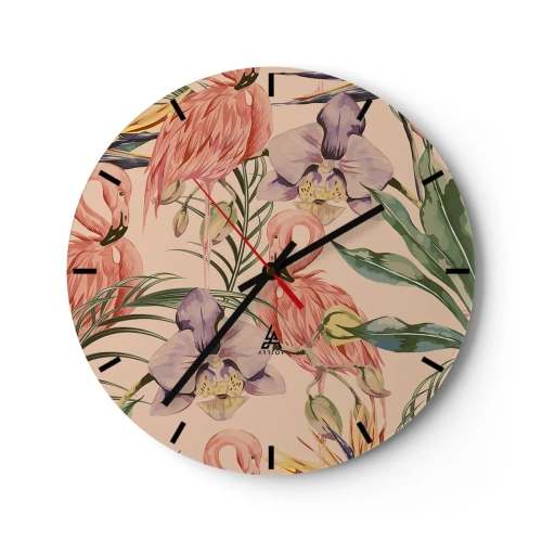 Relógio de parede - Relógio em vidro - Flamingos e flores em fundo bege - 30x30cm - Balé rosa em flores - Decoração de parede moderna para a sala de estar, cozinha e quarto ARTTOR